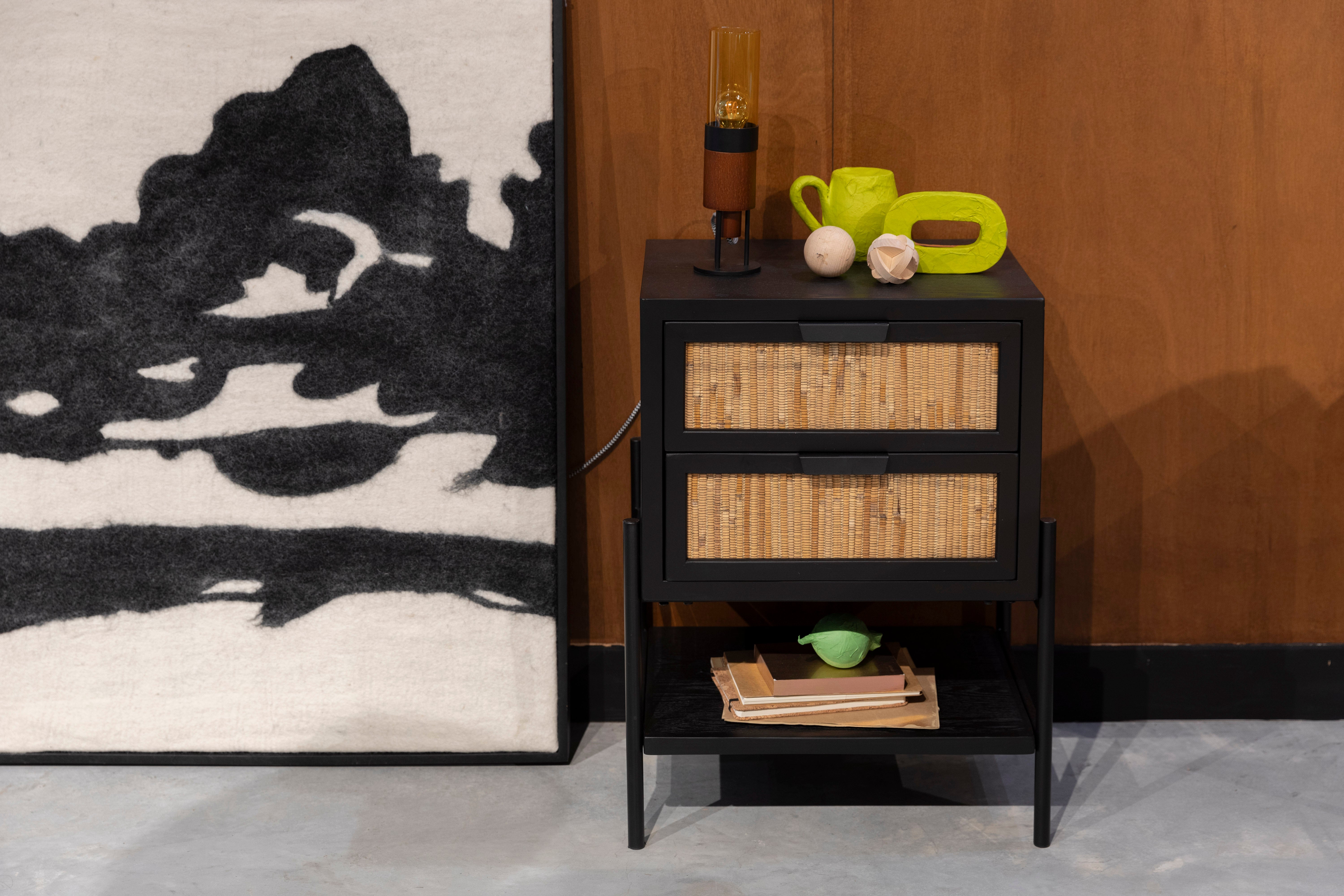 Dutchbone Yasu Black Chinese Fir Wood & Rattan Bedside Table